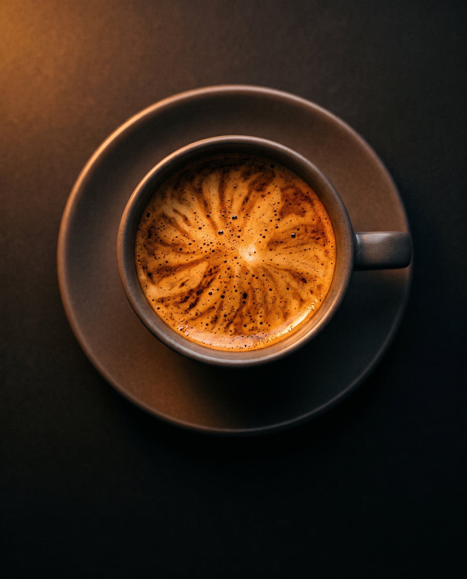 Macro de un espresso visto desde arriba, con crema atigrada color avellana.