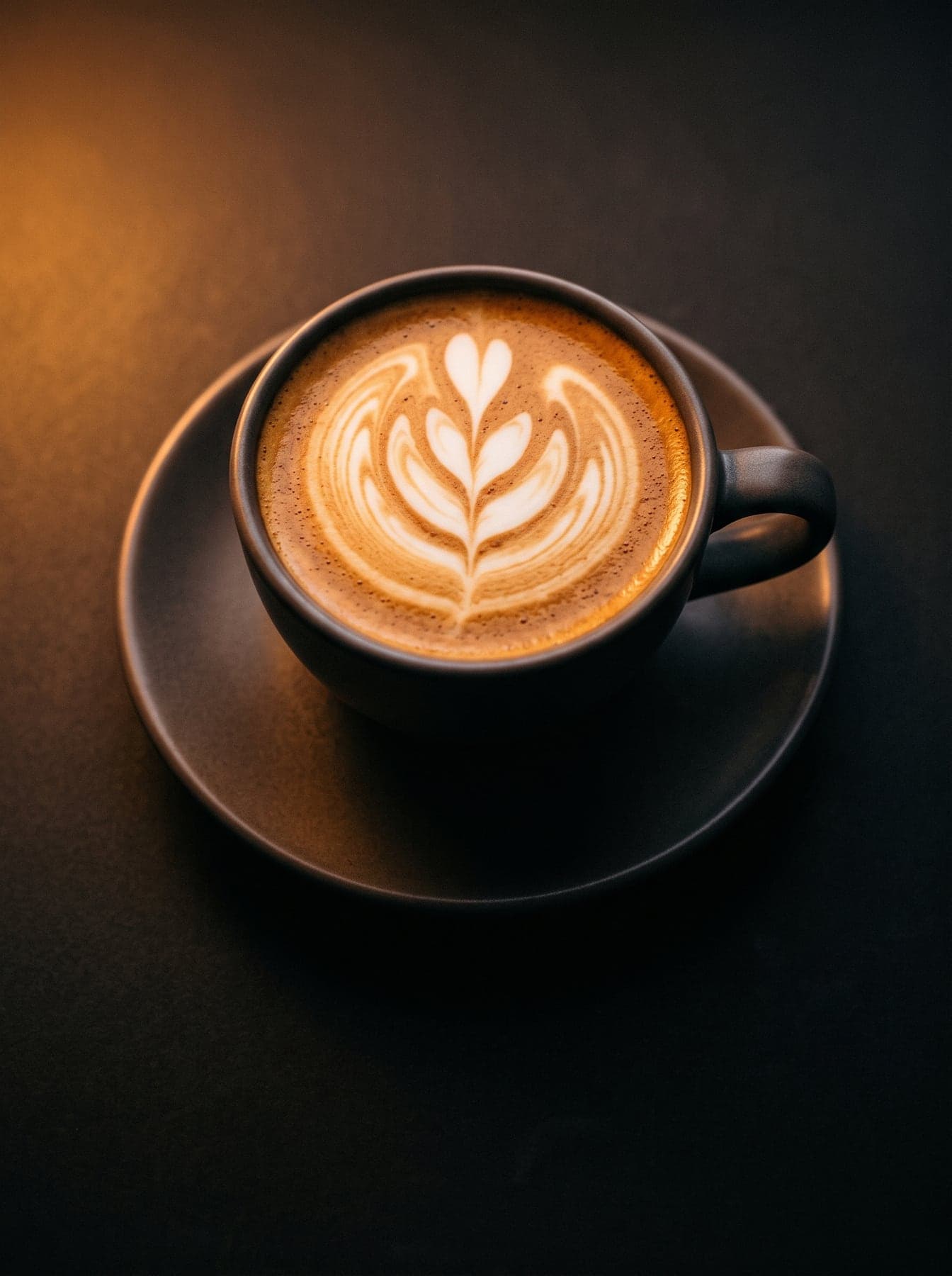 Flat white con un tulipán de latte art sobre crema brillante.