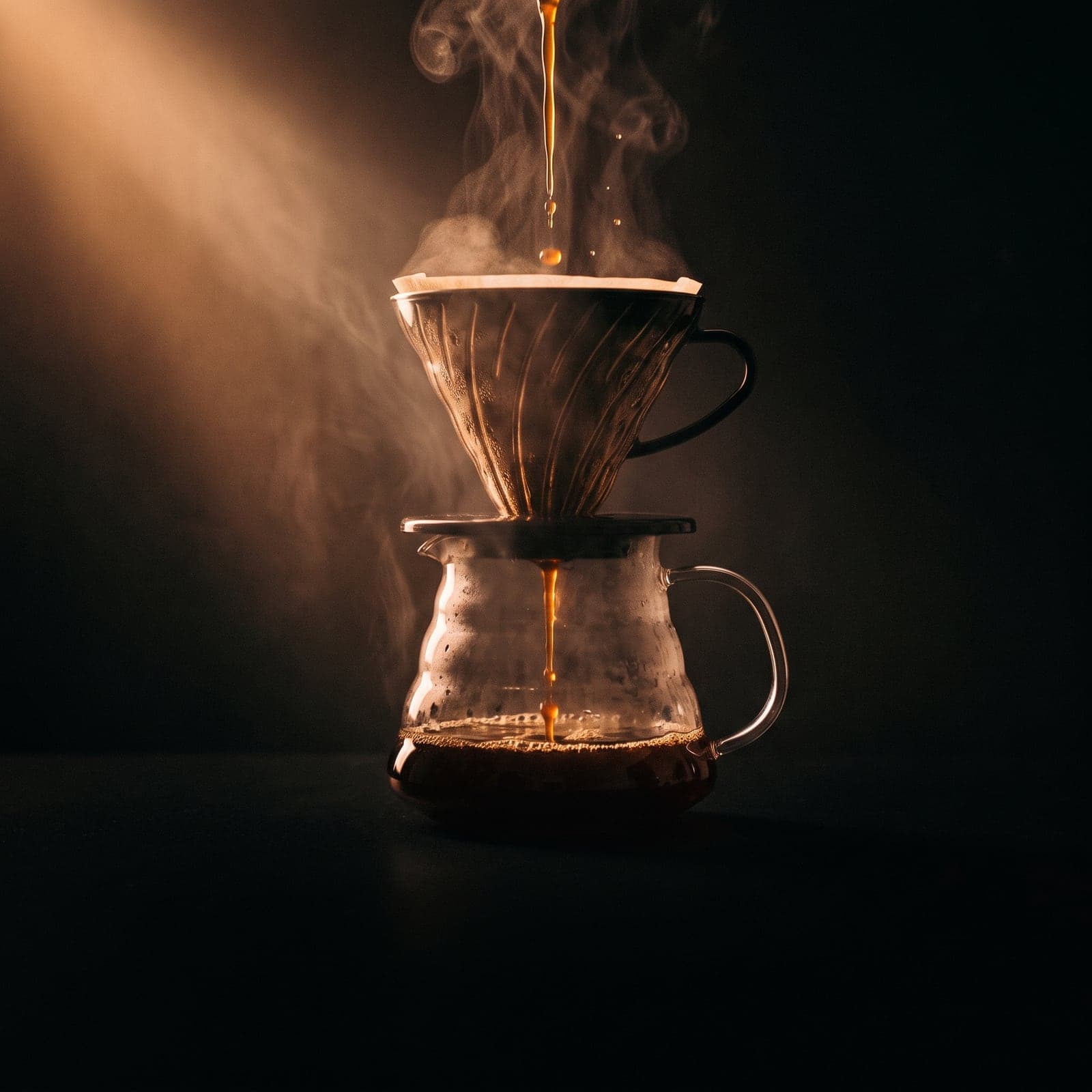 Cono de filtrado V60 goteando café sobre una jarra de vidrio.